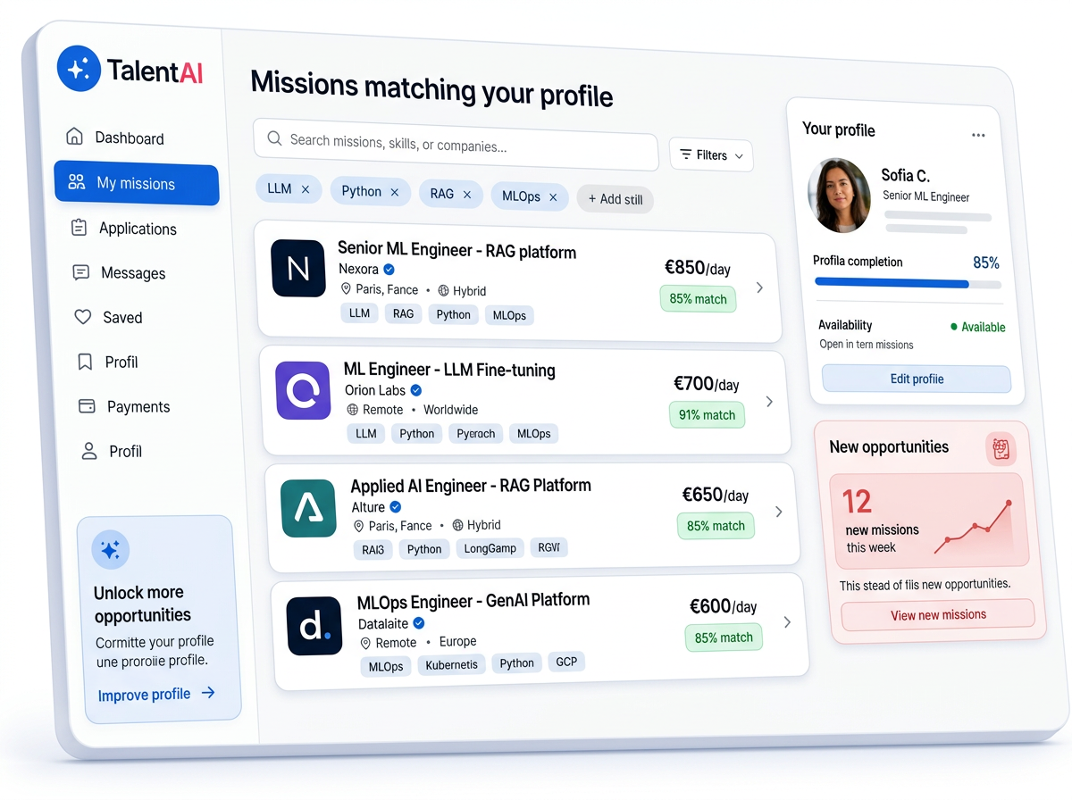 Interface Talent AI — missions IA correspondant à votre profil